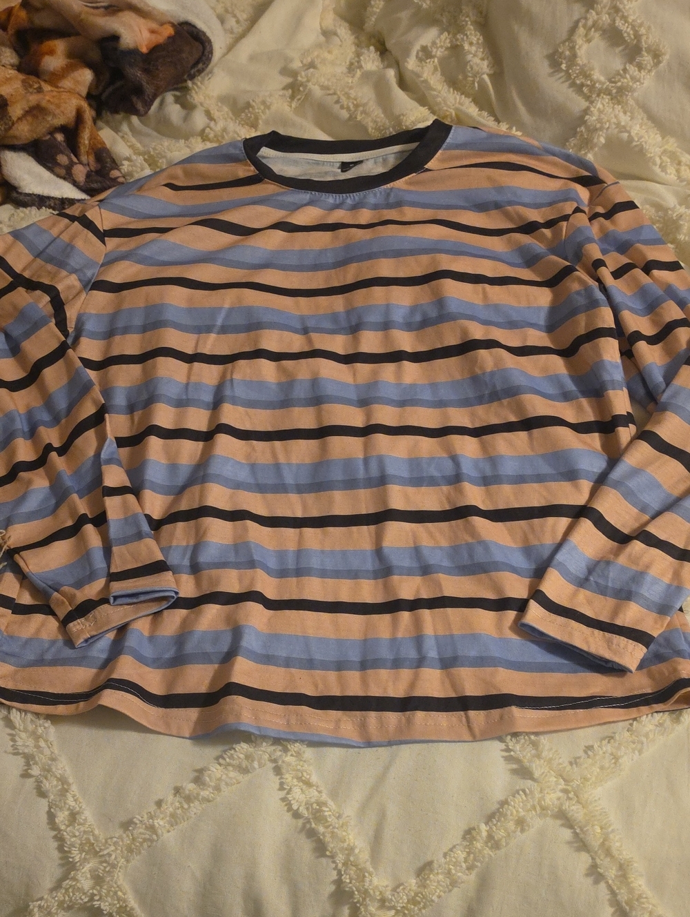 SHEIN Women's Long-Sleeve Striped Crewneck Tee - Blue & Tan with Black Trim